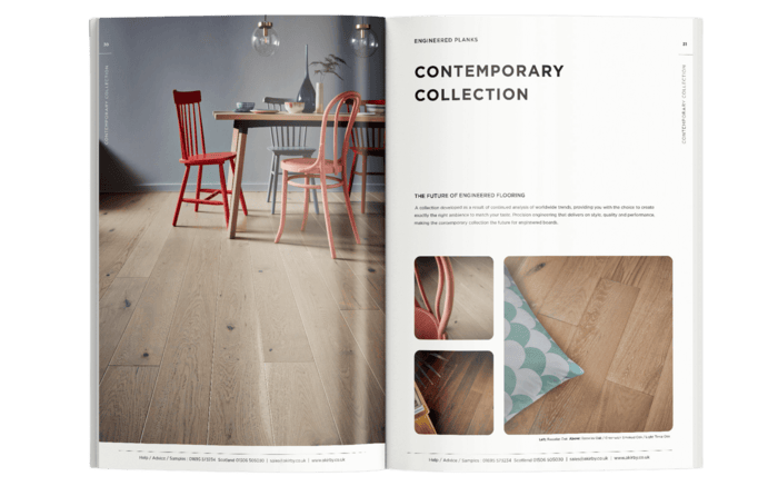 An open brochure showing wooden flooring options